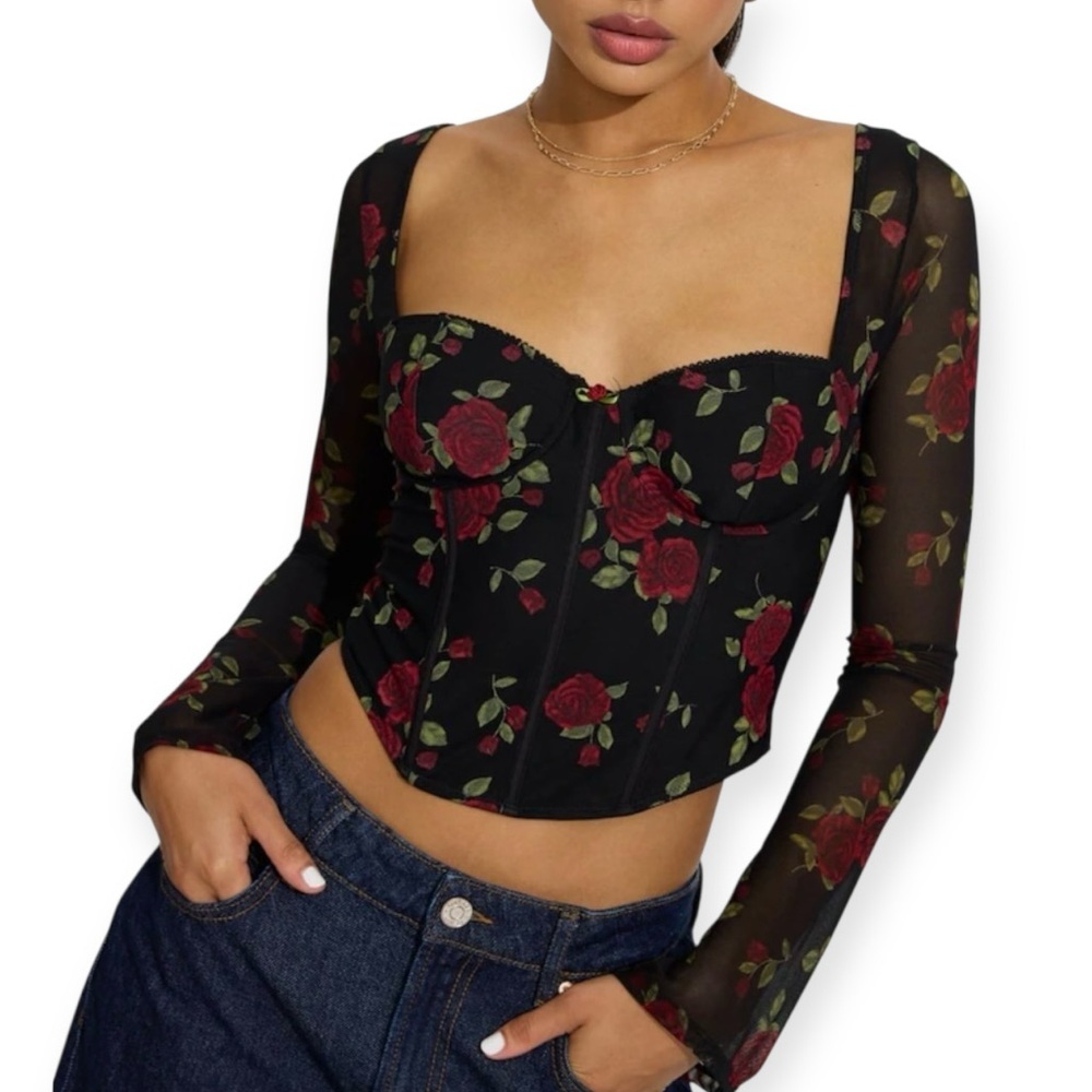Garage Aria Bustier Corset Top Floral Red rose women’s Large cropped goth grunge